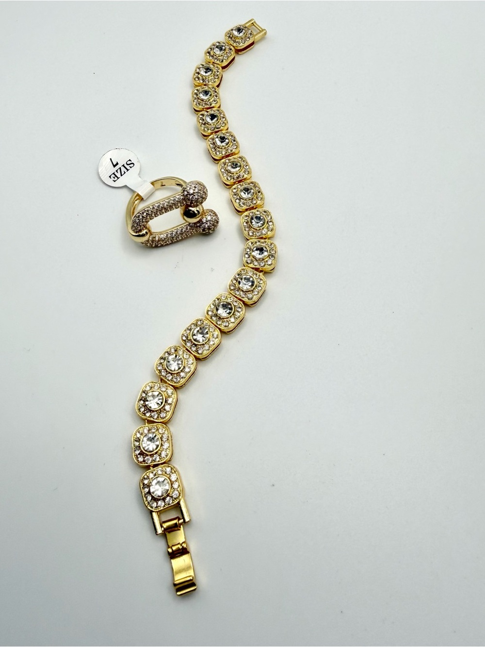 Luxury Gold Tone U-Link Pave Ring & Square Halo Crystal Link Bracelet Set